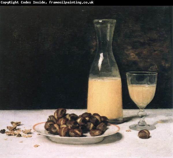 Albert Anker still life with wine and chestnuts